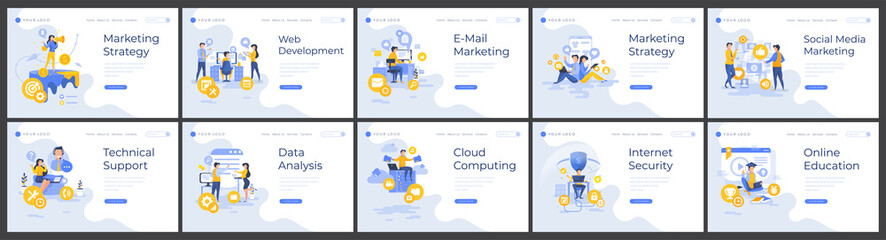 Landing page templates set business concepts with people characters. Modern flat design web page for website and mobile apps. Vector illustration