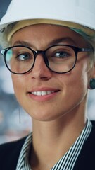 Poster - Vertical Portrait of a Happy Young Beautiful Female Engineer Wearing Glasses and White Hard Hat in Office at Car Assembly Plant. Industrial Specialist Working on Vehicle Design in Modern Facility.