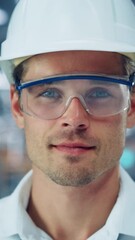 Poster - Vertical Portrait of Young Handsome Confident Engineer Wearing Safety Goggles and White Hard Hat in Office at Car Assembly Plant. Industrial Specialist Working on Vehicle Production in Modern Factory.