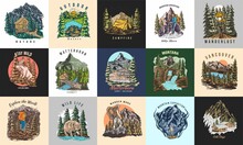 Mountain Hiking T Shirt Design Bundle, Set Of Camping Outdoor Vector Illustration Colorful Badge Logo