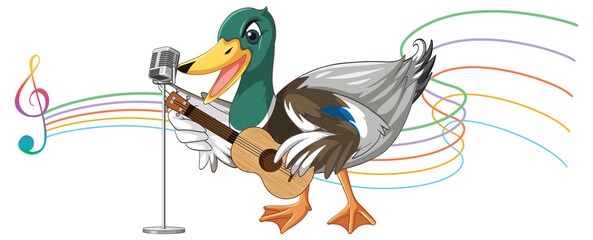 Wall Mural - The duck play guitar, ukulele with music note