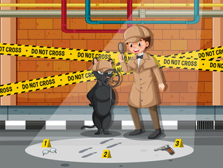 Poster - Detective looking for clues with magnifying glass in scene