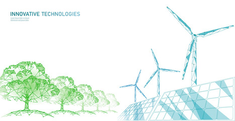 3d windmills ecology forest concept. save environment wind green tree energy sustainable power. eco 