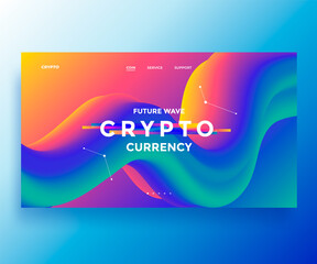 Cryptocurrency presentation banner with 3d fluid wave. Crypto landing page with abstract background. Vector illustration.