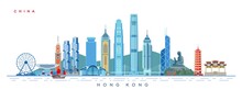 Hong Kong Skyscrapers And Architectural Monuments. City Skyline Vector Illustration.