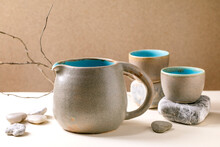 Set Of Empty Grey Ceramic Cups
