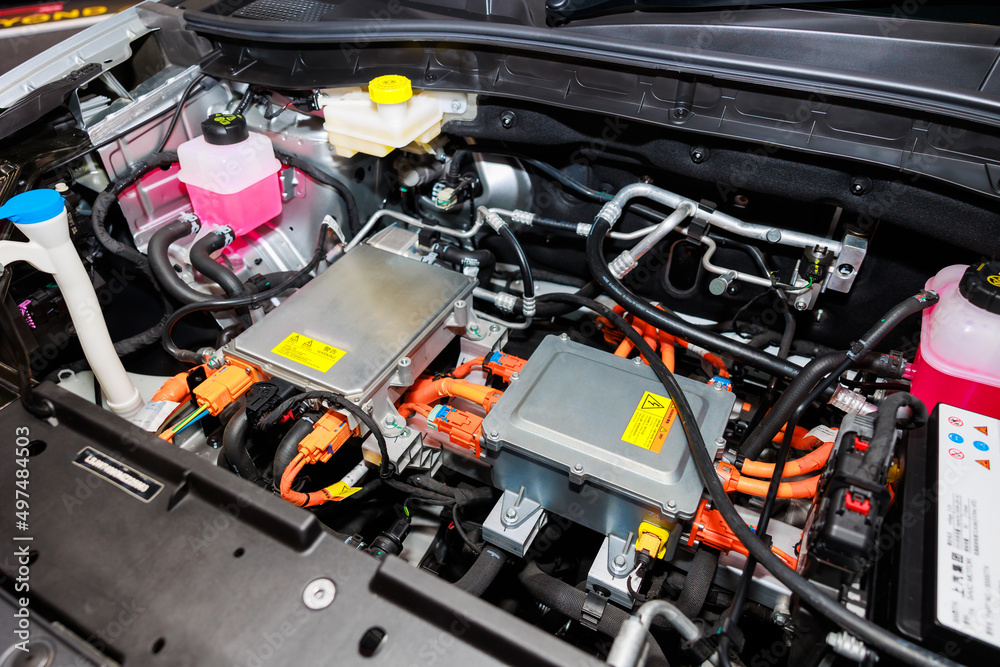 Battery pack in EV electronic car. Motor engine for vehicle car in ...
