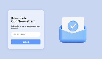 Poster - subscribe to newsletter banner template with letter envelope and check mark. email business marketin