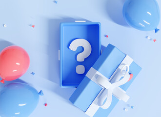 3d mystery box with question mark inside. surprise gift box. gender reveal party concept. horizontal