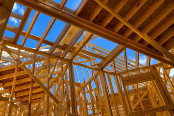new frame structure interior beams wood board assembled on construction site from natural materials 