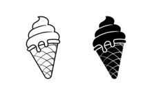 Ice Cream Waffle Cone Vector Icon Set. Line Symbol. Black Silhouette Illustration Isolated On White Background. Soft Icecream Pictogram