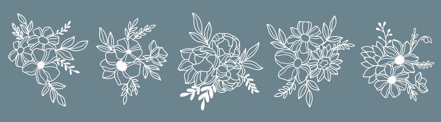 Wall Mural - Line art wildflowers bouquets vector illustration set