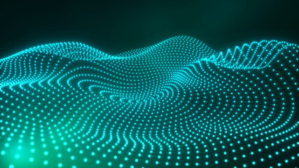 Wall Mural - 3D illustration of neon blue waves with dots, big data lake waves concept