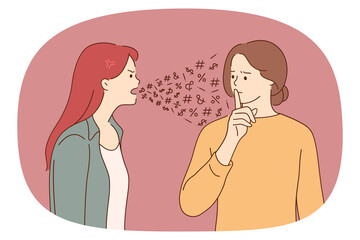 Wall Mural - Problems in communication and conflict concept. One woman feeling angry shouting at another girl showing silence gesture with hand vector illustration 
