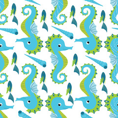 Seahorse and starfish seamless pattern. Sea life summer background. Cute sea life. Design for fabric and decor