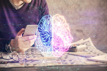 Poster - Double exposure of man's hand holding and using a digital device and brain hologram drawing. Data concept.