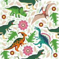 Naklejka na meble Hand drawn seamless pattern with dinosaurs and tropical leaves and flowers. Cute dino design.