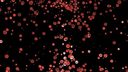 Poster - Animated dot intro. Moving towards oil drops. Liquid metal, iron, bronze . Plexus circles, spheres. Red blood cells. Collision of particles. Circulatory system. Alpha channel. QuickTime. Medicine. 4k