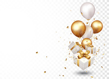 Gift Box With Gold Confetti And Balloons, Isolated On Transparent Background