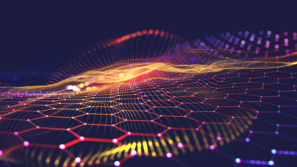 Poster - Field of information particles. Nano elements and high technology. Big data and cyberspace cells. 3D illustration of artificial intelligence neural network