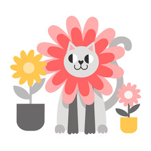 Vector Illustration With A Kitten In Flowers. The Cat Is Hiding In The Flowers, The Cat Is Listening. Cute Gray Cat Is Hiding