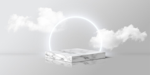 Poster - 3d marble podium with white shiny circle frame and clouds, pedestal of cube shape