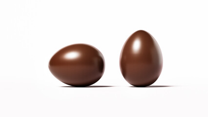 3D rendering, two chocolate eggs on a white background, banner, space for text, wallpaper