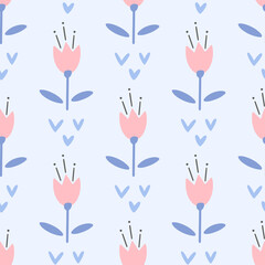  Flowers and leaf seamless pattern. Scandinavian style background. Vector illustration for fabric design, gift paper, baby clothes, textiles, cards.
