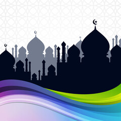 Wall Mural - Islamic celebration background design with mosque silhouette and colorful wave design. Beautiful abstract background for Islamic greeting card