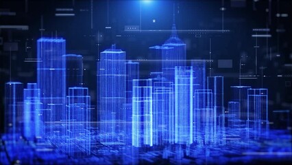 Poster - Technology 3D Hologram Digital Smart City Futuristic on HUD System Data Analysis 4K Motion Background. Blue Building Rotation for Science Fiction Footage.