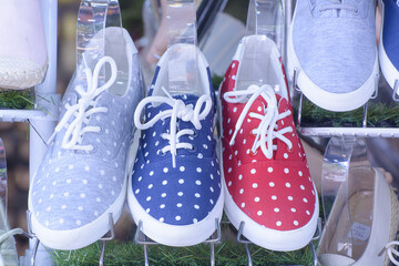 Closeup of colorful fashion shoes in a market