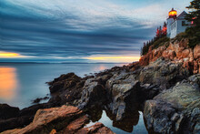 View Of Bass Harbor Head Lighthouse In The Evening. Tremont, Maine, United States.