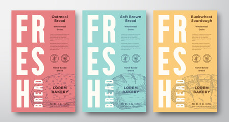 Wall Mural - Fresh Baked Bread Abstract Vector Packaging Design Labels Collection. Modern Typography Banners, Hand Drawn Bread Loaf Sketch Silhouettes Set. Color Paper Background Layouts. Isolated