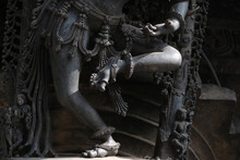 Stone Sculpture Of Beautiful Female (Madanikas) With Selective Focus, 12th Century Hindu Temple, Ancient Stone Art And Sculptures In Each Pillars, Chennakeshava Temple, Belur, Karnataka, India.