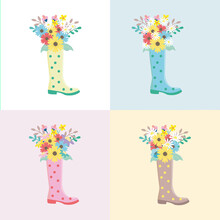 Rubber Boots Flowers. Chute Bush With Rubber Boots. Happy Garden Spring Romantic Postcard. Vector Illustration In Flat Style