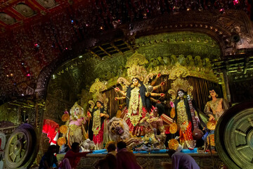 Kolkata, India - October 18, 2018 : Night image of decorated Durga Puja pandal, shot at colored light, at Kolkata, West Bengal, India. Durga Puja is biggest religious festival of Hinduism.