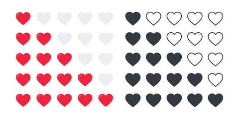 Rating hearts icons. Product rating or customer review with red hearts and half hearts. Vector icons