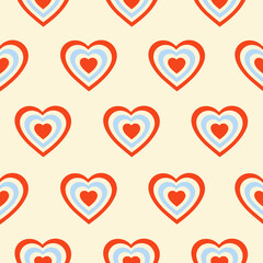 Wall Mural - Seamless pattern with hearts shaped tunnel isolated on a beige background. Modern minimal  illustration for decoration. Retro vector print in style 60s, 70s