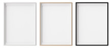 Set Of Vertical Picture Frames Isolated On White Background. White, Wooden And Black Frames With White Paper Border Inside. Template, Mockup For Your Picture Or Poster. 3d Rendering.