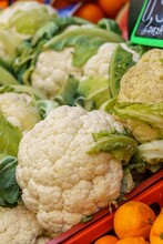 Cauliflower At The Vegetable Market Stand. Healthy And Wholesome Food