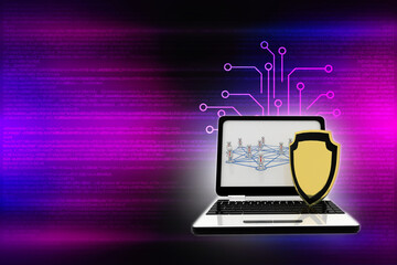 Poster - laptop with shield. Isolated 3d rendering image
