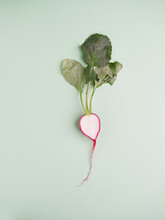 An Isolated Fresh Radish With Elongated Shape Cut In Half Lengthwise With Leaves. Top View On A Green Background.