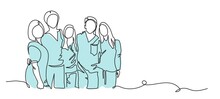 Medical Staff, Practitioners Team Vector Illustration . One Continuous Line Drawing Of Team Of Doctors. Minimalism Design Of Medical People Group