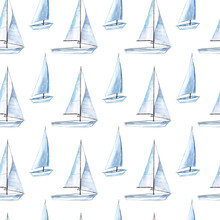 Sailboats On The Waves. Seamless Watercolor Pattern For Fabric. Rest, Sea