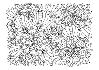 Coloring page bouquet of flowers thin line art. Floral pattern of garden plants. Hand drawn vector illustration. Simple doodle. Summer coloring book for children and adults.