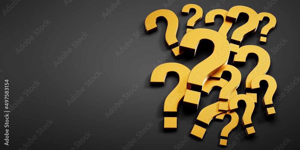 Pile of golden question mark symbols on dark background - 3D ...