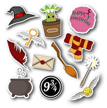 Harry Potter Stickers. Stickers From The Movie Harry Potter. Broom, Hat, Cake, Magic Wand