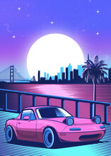 Retro Red Car Synthwave Poster With Vaporwave Sunset, Neon Gradient Background