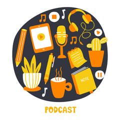 podcast show hand drawn flat vector illustration. a set of items for a podcast at home. self-isolati