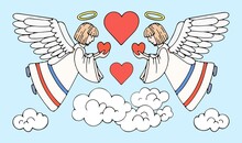 Guardian Angels In Heaven. Holy Angel With The Gift Of Love. Heart Of The World. Prayer For Love And Peaceful Life. Hand Drawn Vector Flat Art Illustration. Contour Line. Ready To Use Card.